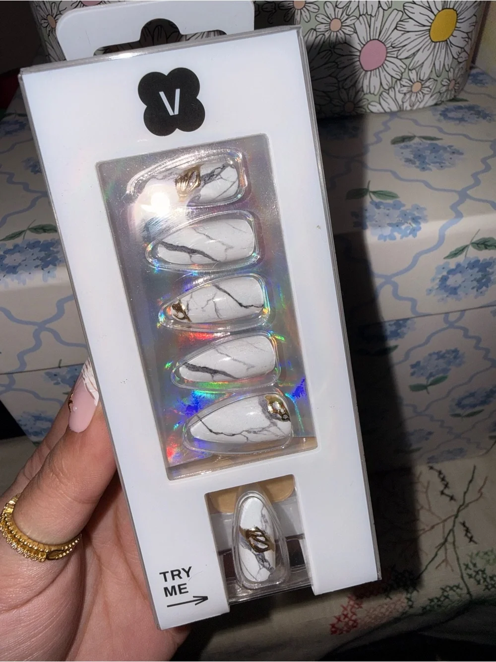 Never Have I Ever White Marble Press-On Nails with Gold Accent